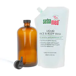 Liquid Face & Body Wash - 1000ml Refill Pack + 32oz Amber Glass Bottle With Locking Pump Dispenser - Master