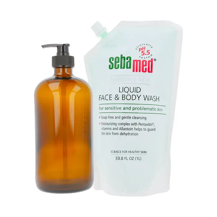 Liquid Face & Body Wash - 1000ml Refill Pack + 32oz Amber Glass Bottle With Locking Pump Dispenser - Master